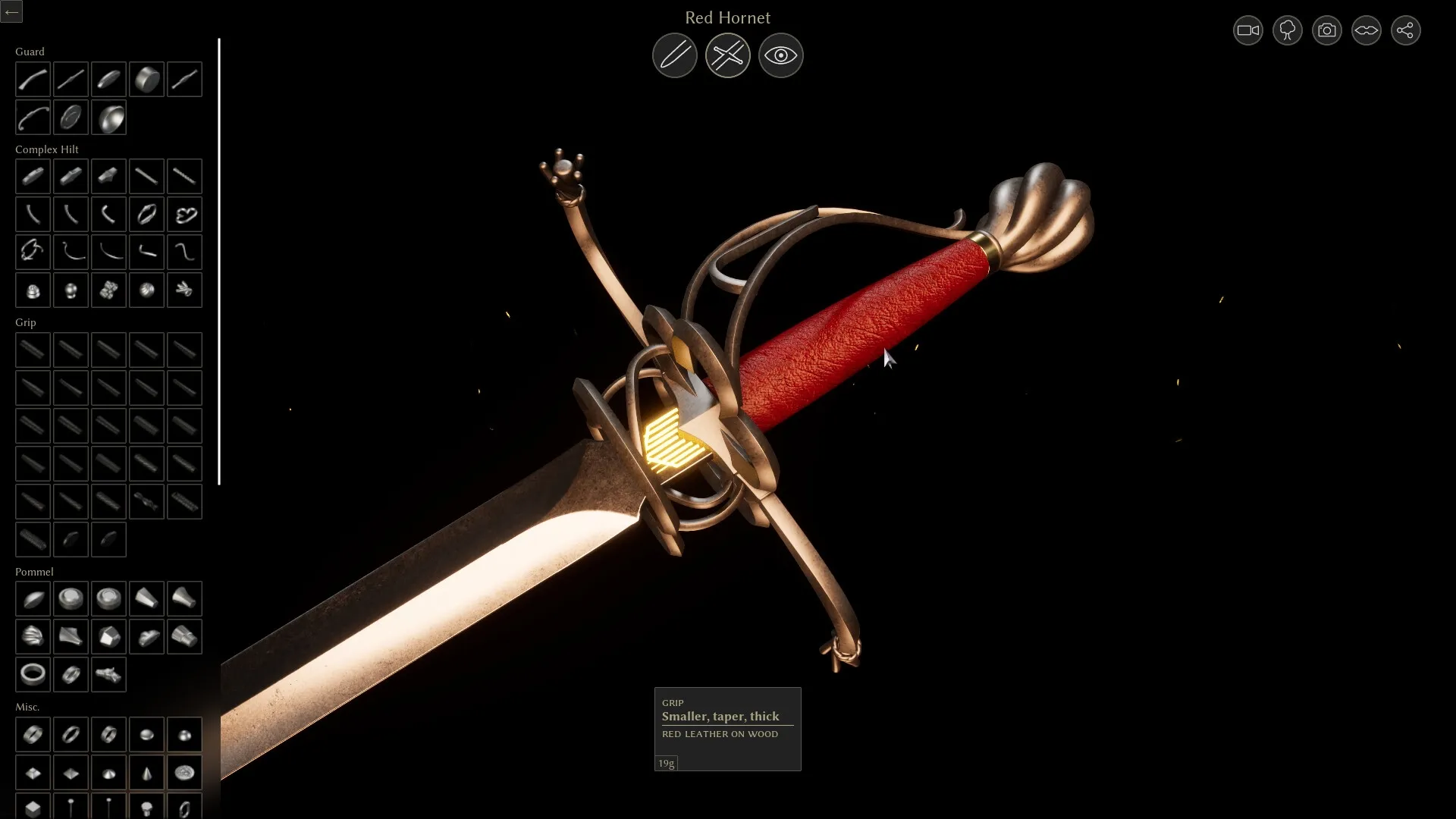 Bladesong: Sword customization screen with detailed grip and hilt options in a dark interface