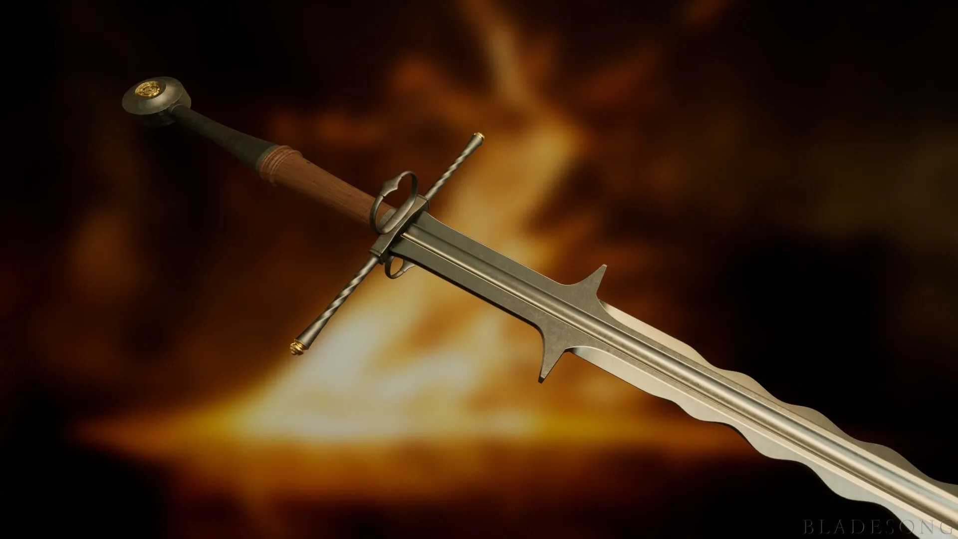 Bladesong: Detailed sword customization against a fiery backdrop in the city of Eren Keep smithy