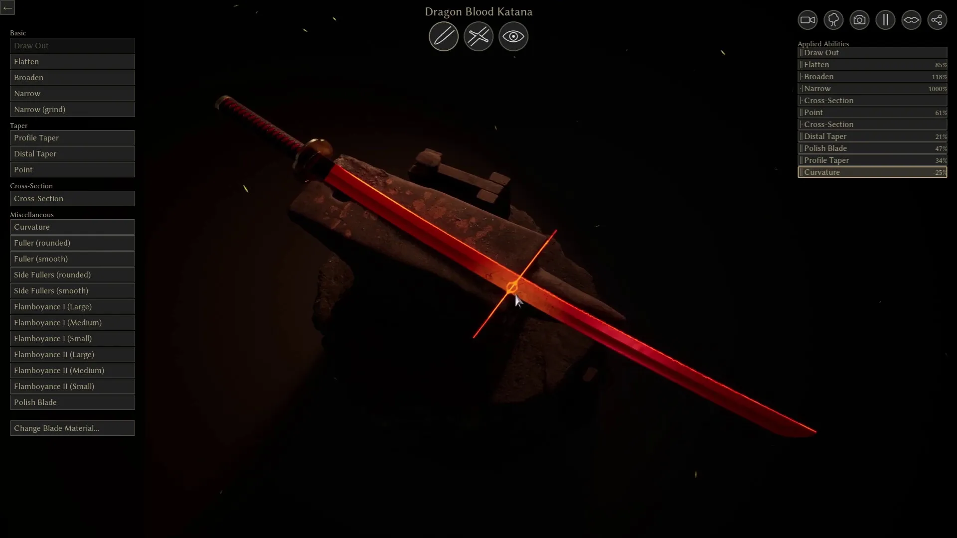 Bladesong: Customizing Dragon Blood Katana on anvil with detailed crafting options in dark workshop