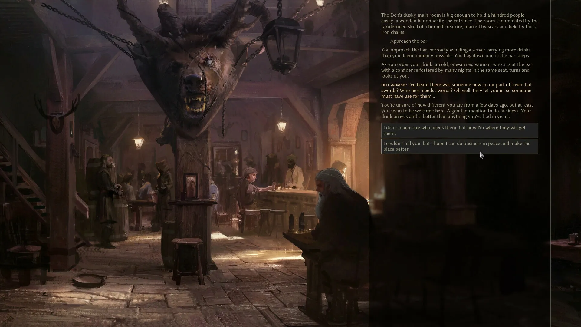 Bladesong: Tavern scene with patrons at tables, a large mounted creature head, and dialogue choices displayed.