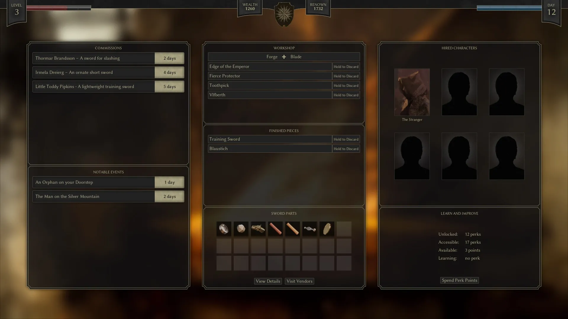 Bladesong: Sword crafting interface displaying commissions, workshop projects, and hired characters.