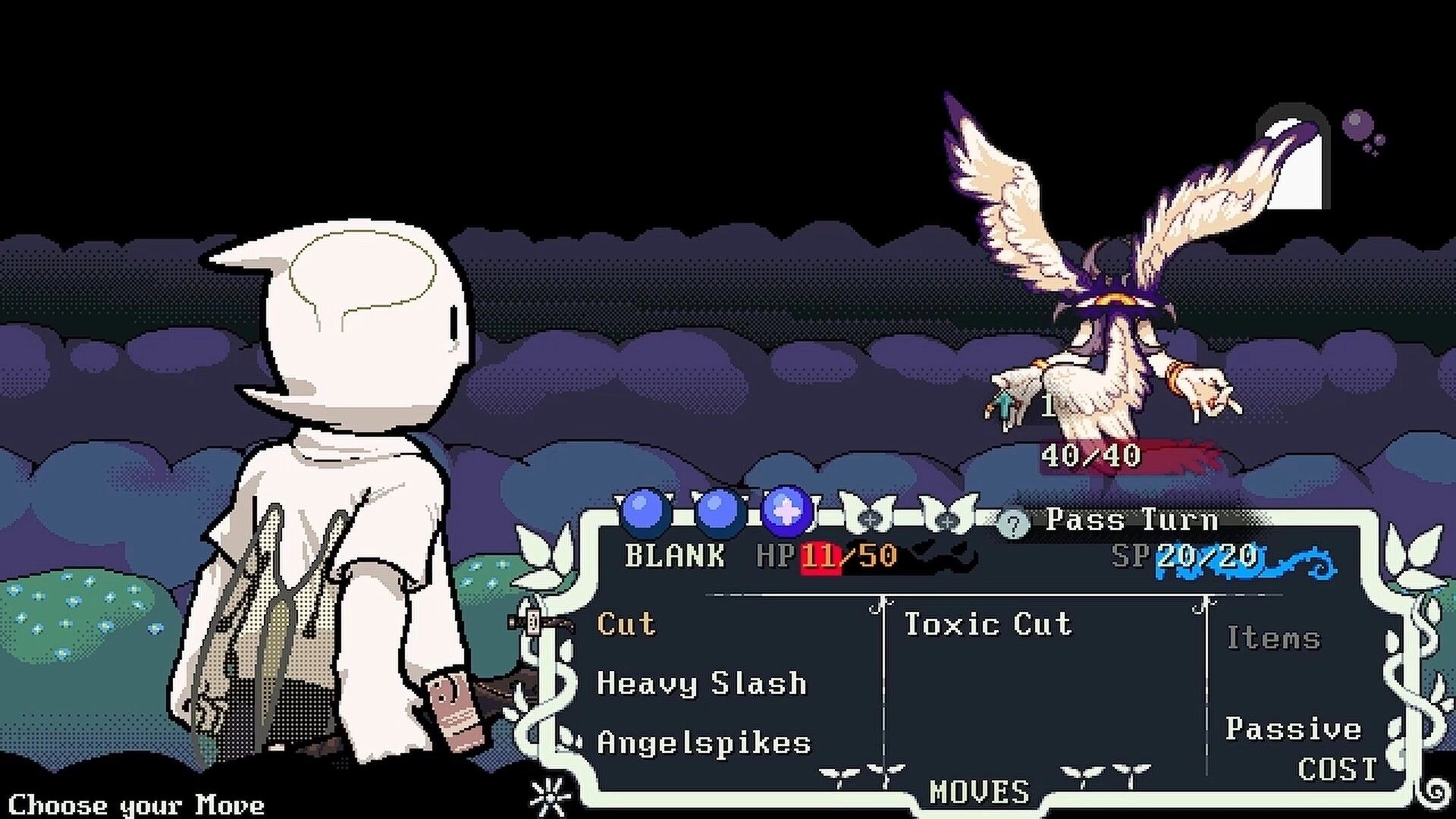 Blanksword: Turn-based battle menu for BLANK versus winged enemy in dark cloudscape arena.