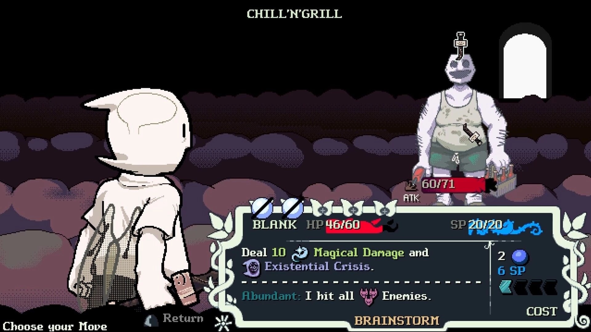 Blanksword: Turn-based combat move selection versus Chill N'Grill in a dark cavern with HP/SP UI panel.