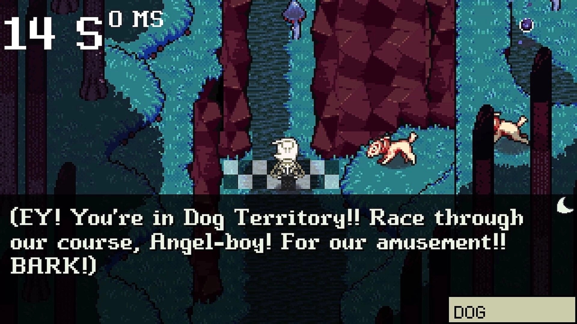 Blanksword: Angel character on a tile path as dogs sprint nearby in a forest, dialogue text overlay.