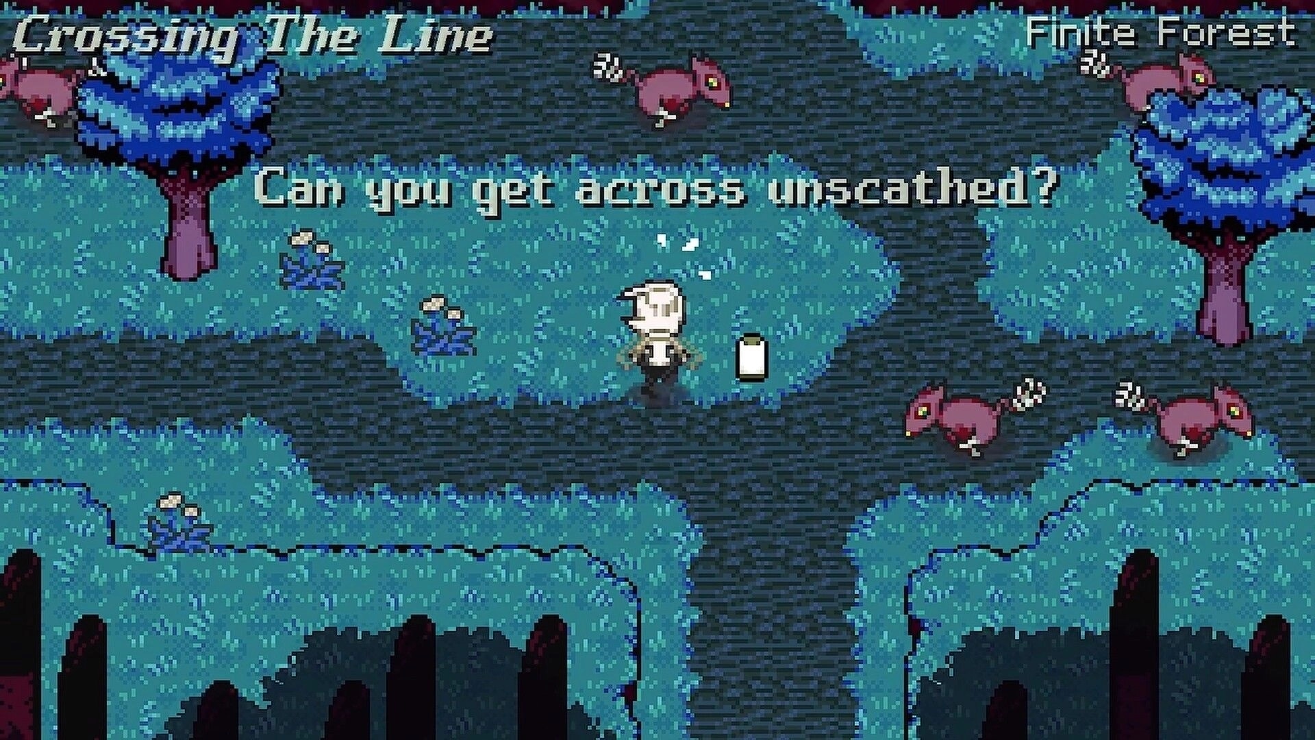 Blanksword: Player stands at a forest crossing as rats patrol, prompt asks “Can you get across unscathed?”.