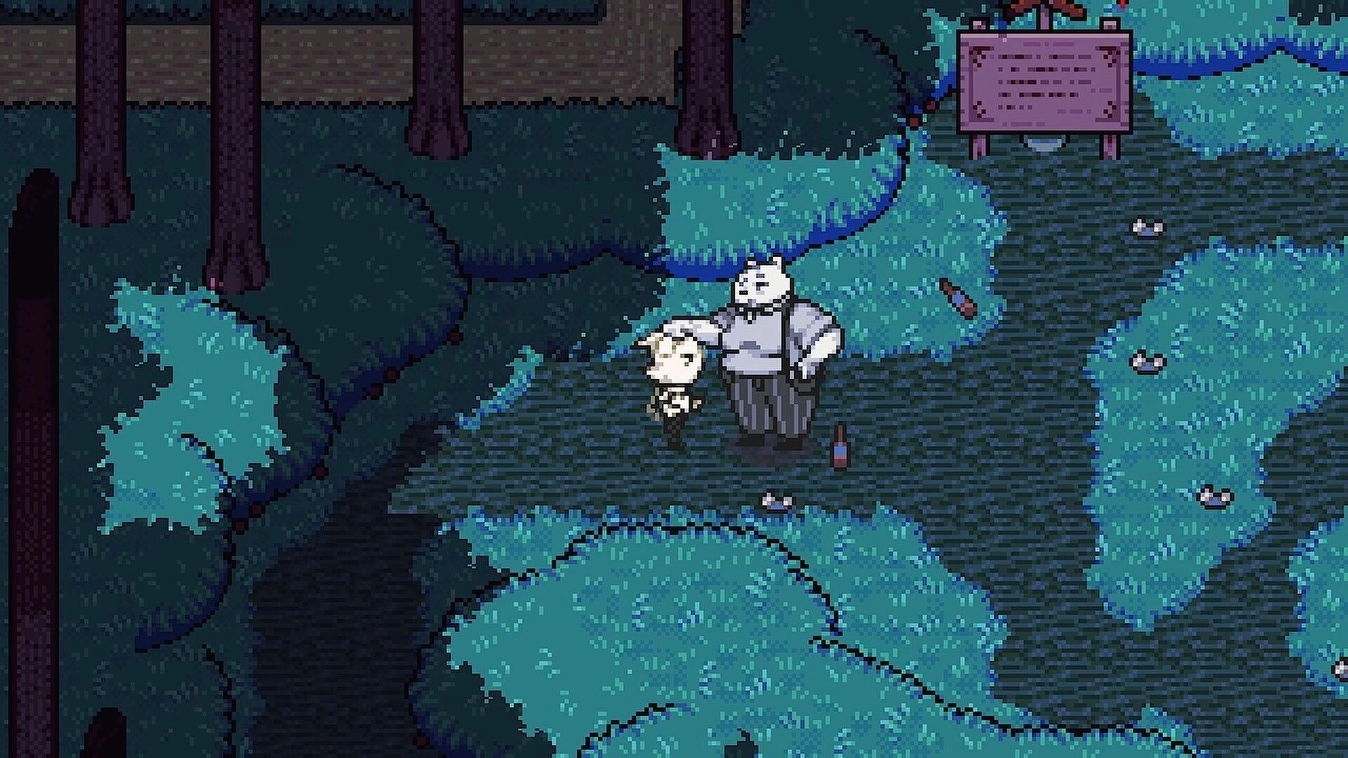Blanksword: Two pixel characters stand by a river path near a signboard in a dark forest clearing.
