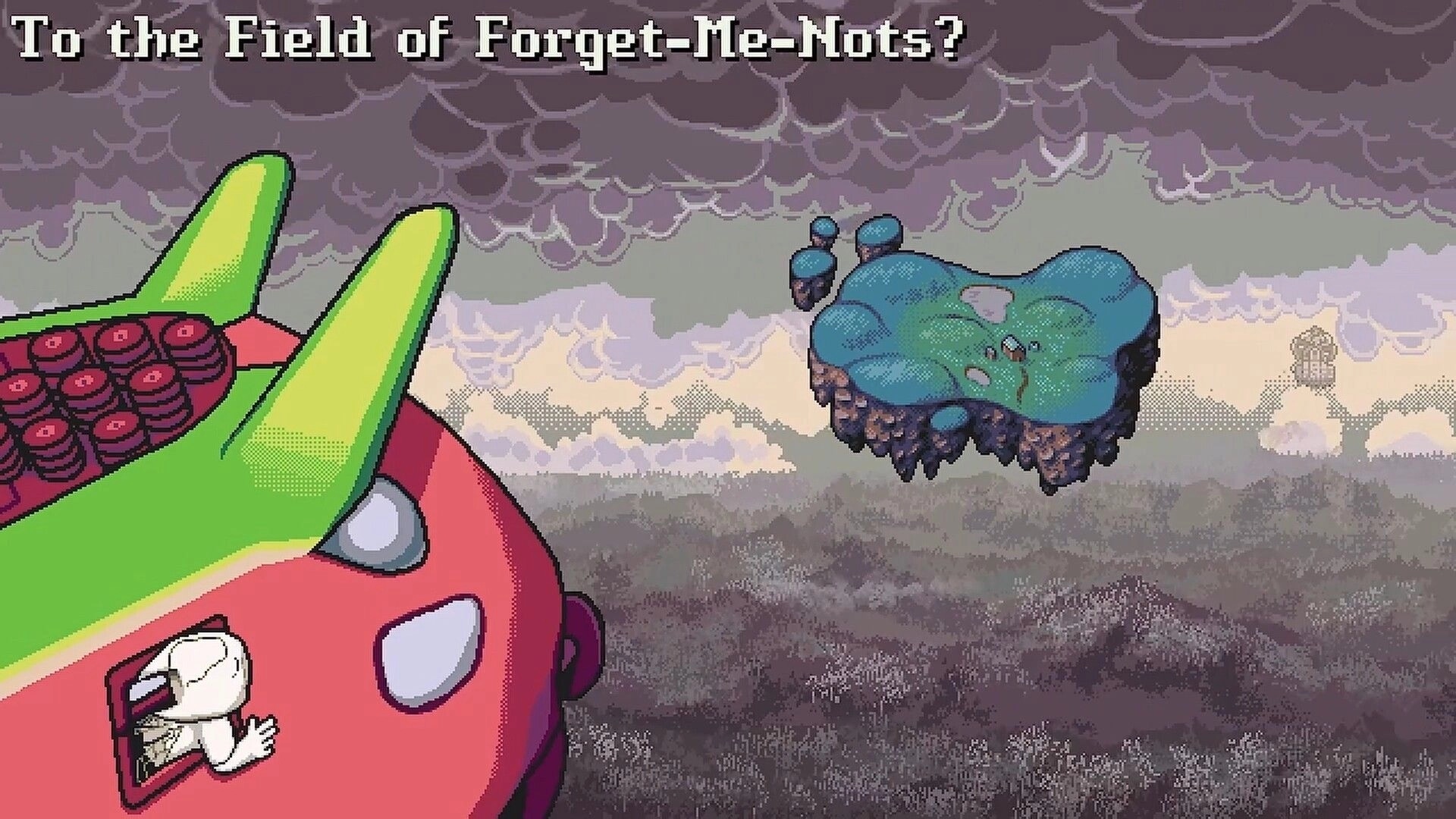 Blanksword: Giant horned monster faces a floating island under dark clouds with title text overhead.