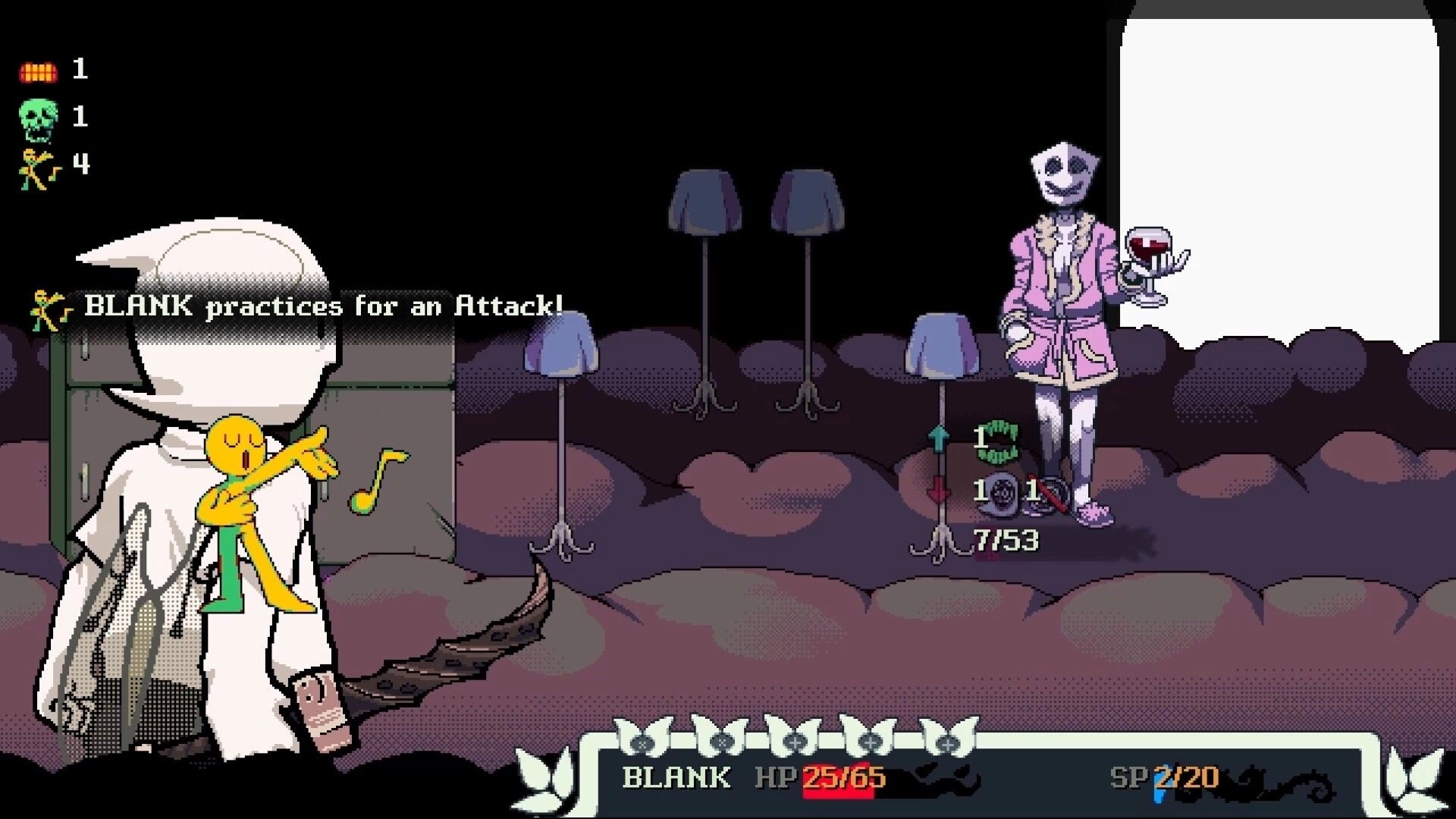 Blanksword: Turn-based battle as BLANK practices an attack in a dark room with lamp stands and UI stats.