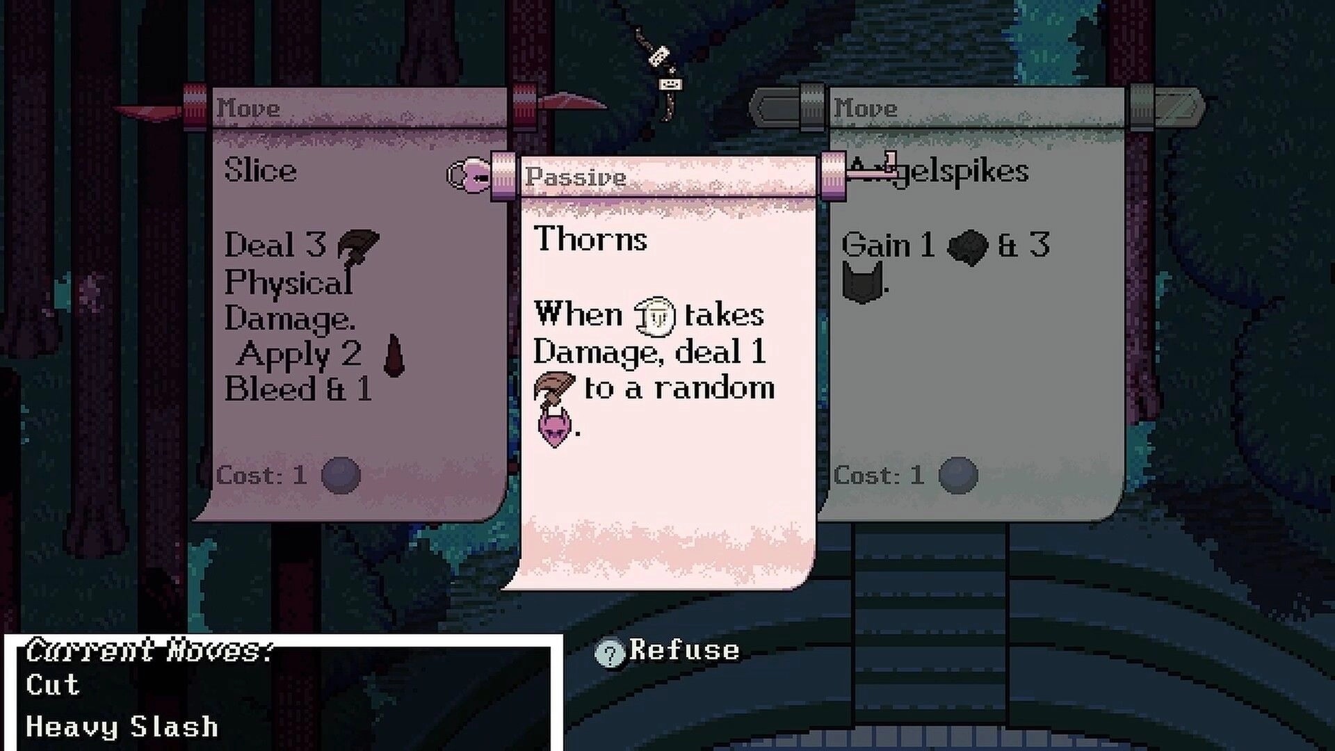 Blanksword: Skill selection UI with Thorns passive card over move and slice options in dark forest ruins.
