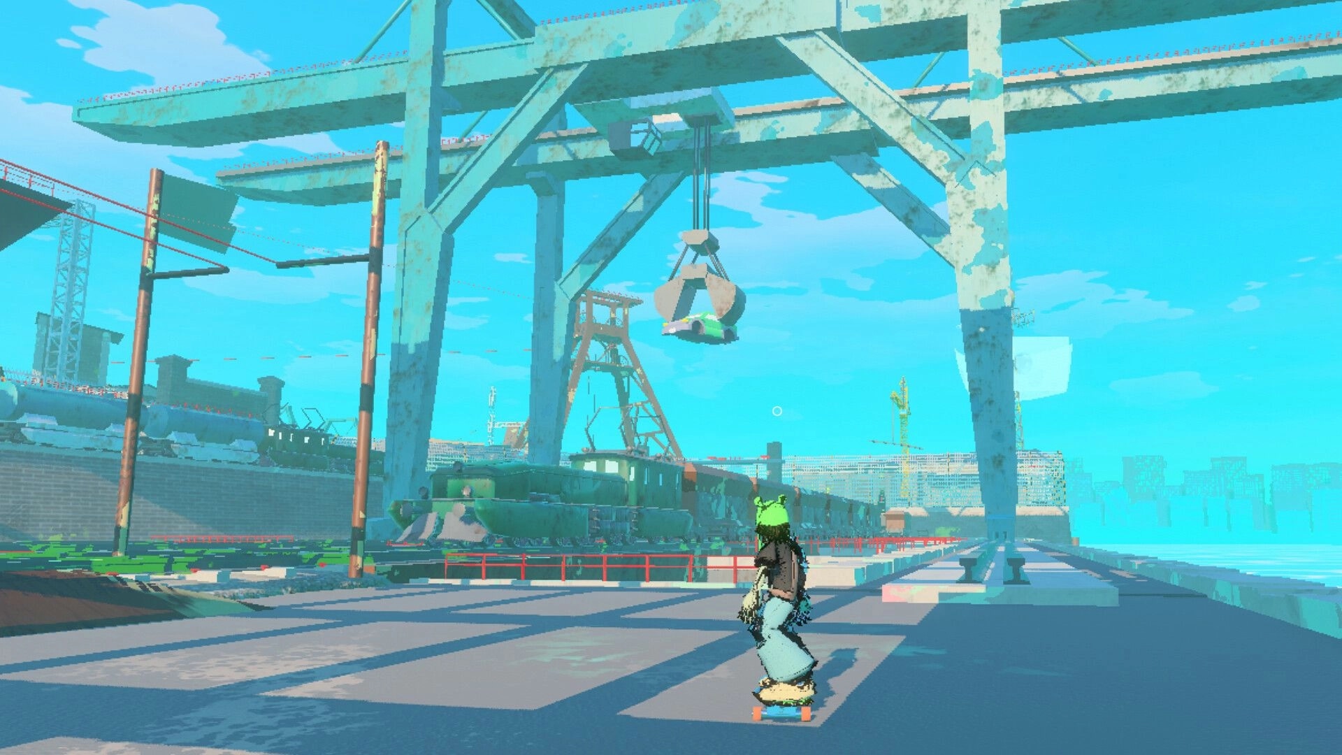 BlazePunk: Skater character cruising on a board through a dockyard under huge rusted cranes by water.