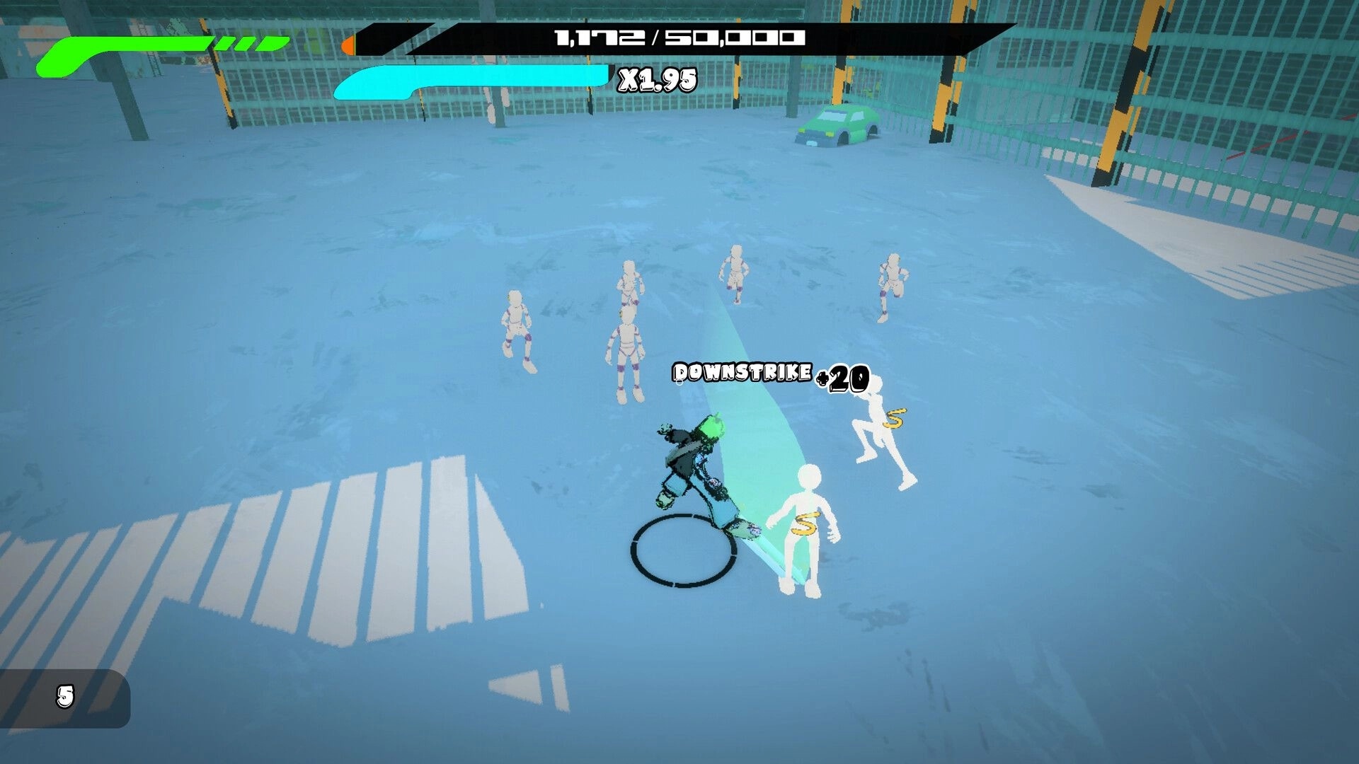 BlazePunk: Player lands a downstrike on white enemies in fenced yard, score and combo UI visible.