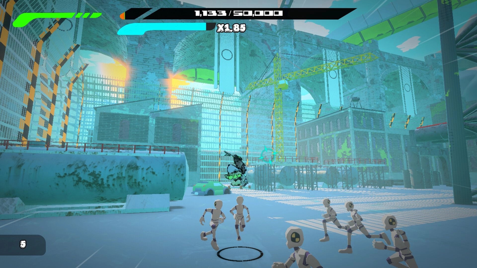 BlazePunk: Skater grinds a rail past running cult drones in a neon construction yard with score UI.