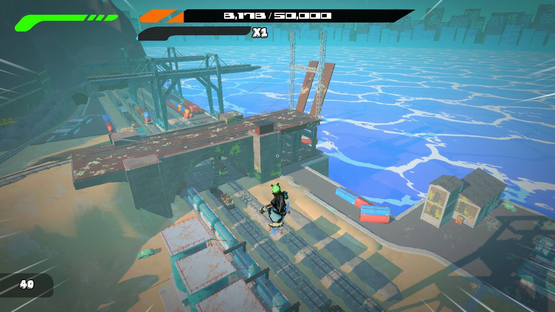 BlazePunk: Player skating along rail tracks by a raised bridge over water with score bar and x1 UI.