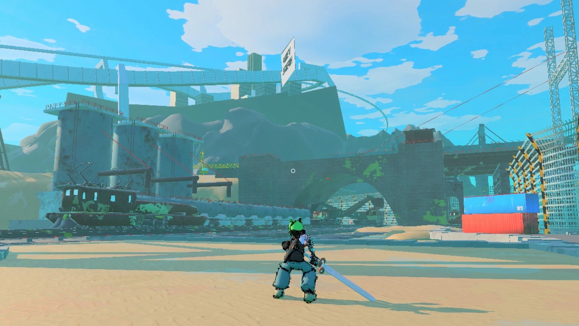 BlazePunk: Third-person skater with a huge sword facing an industrial bridge yard, crosshair HUD visible.