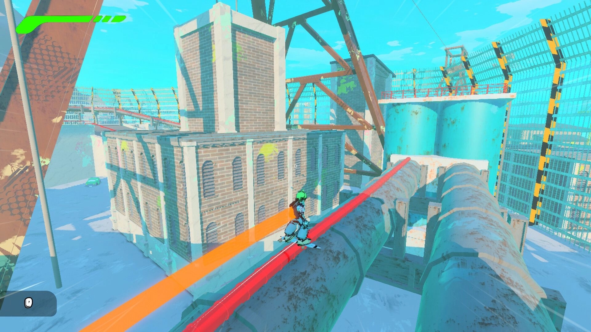 BlazePunk: Skater grinding a red rail between huge pipes in a fenced industrial yard, health bar UI visible.