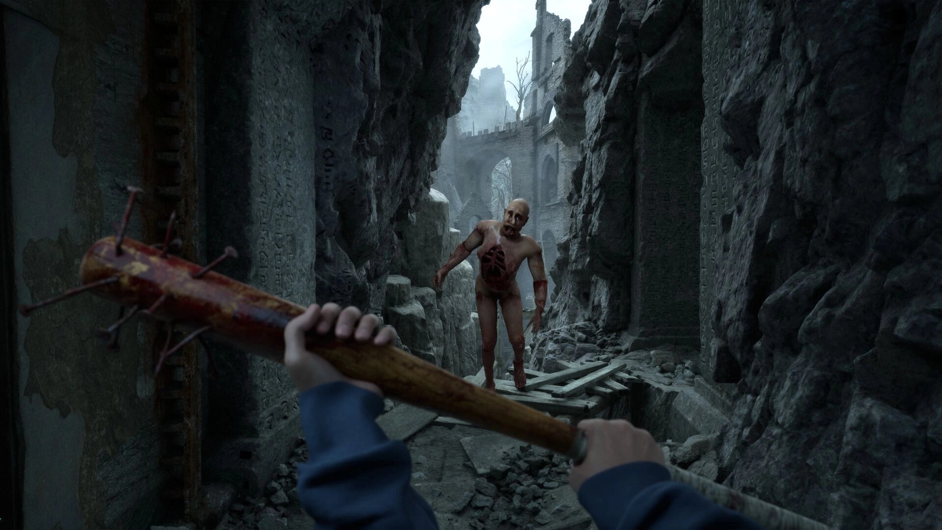 Bleak Haven: Player confronts grotesque creature with spiked bat in dimly lit ancient ruins passage.