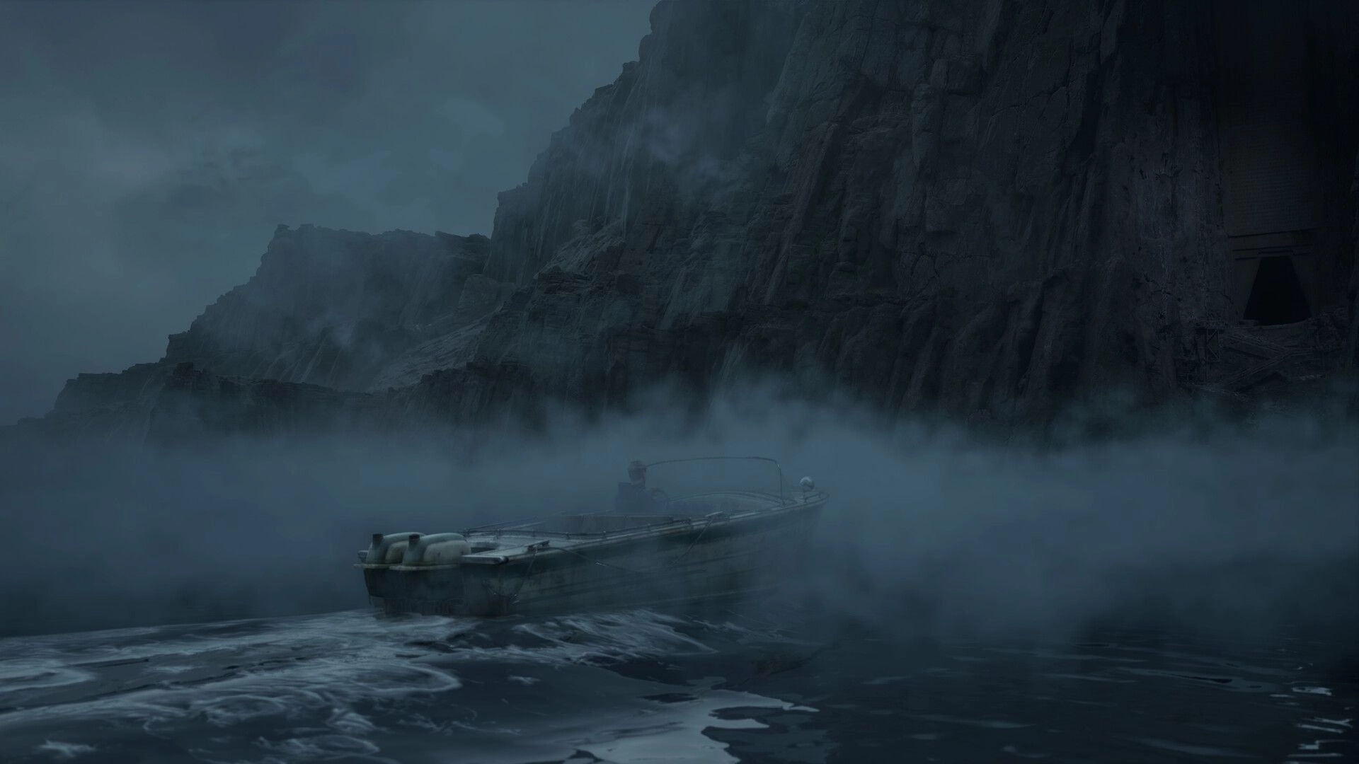 Bleak Haven: Lone boat navigates foggy waters near imposing cliffs with a dark cave entrance looming