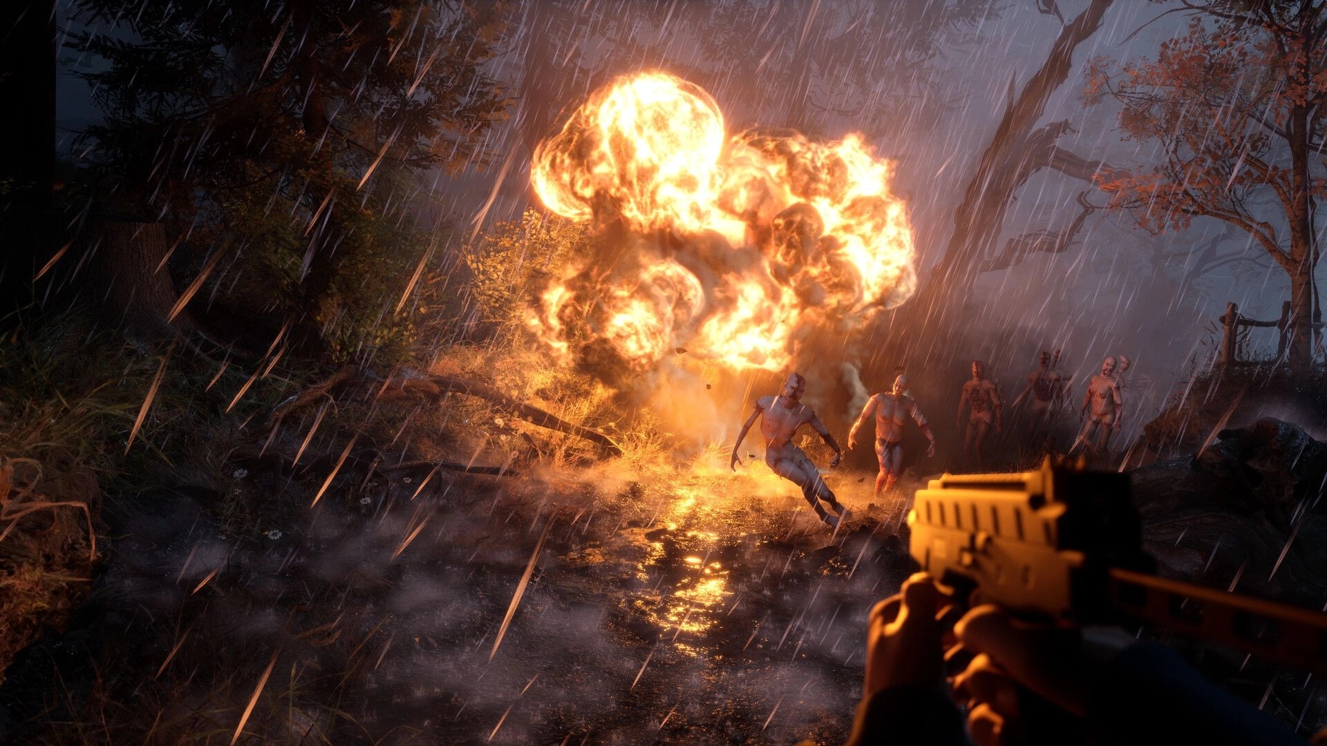 Bleak Haven: Gun aimed at cultists fleeing a fiery explosion in a rain-soaked, haunted forest setting