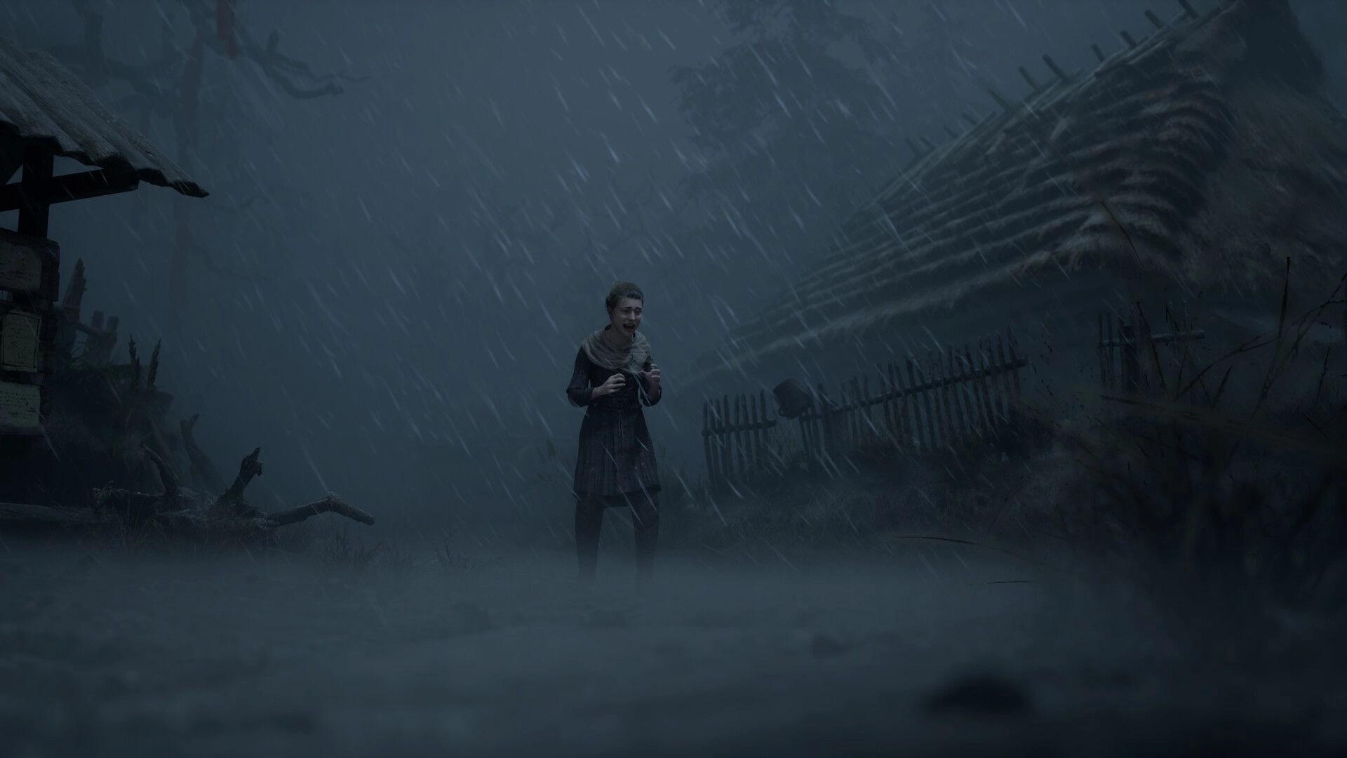 Bleak Haven: Character stands in the rain, shivering in a foggy, abandoned village setting.
