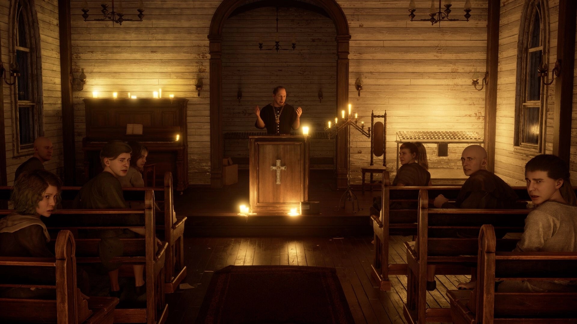 Bleak Haven: Cult leader delivers sermon to seated followers in dimly lit wooden chapel filled with candles.