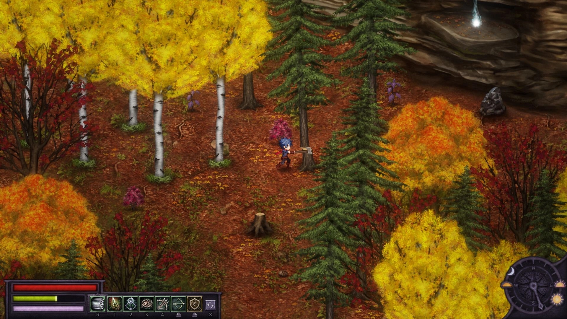 Bleaklight Falls: Meelu chopping wood in vibrant autumn forest, health bar and skill icons at bottom.