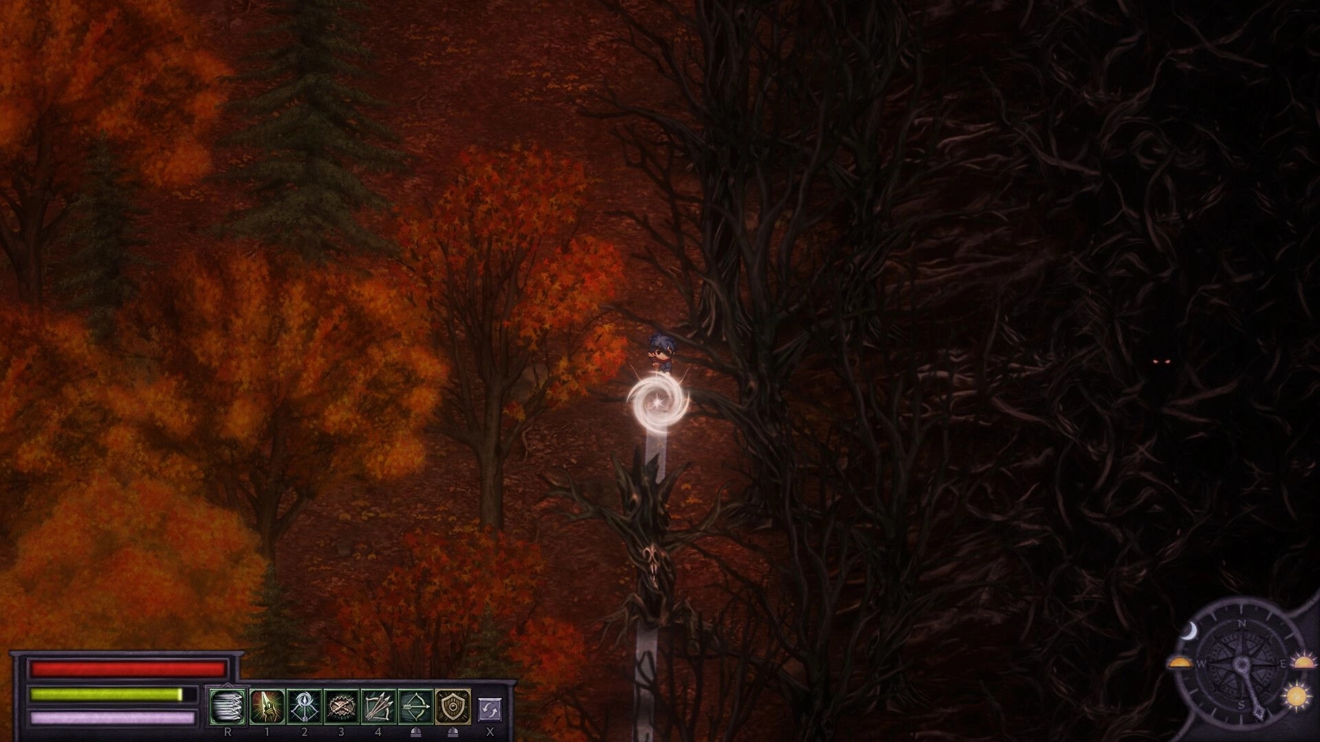 Bleaklight Falls: Meelu traverses eerie forest path under autumn trees with health and skill bars visible