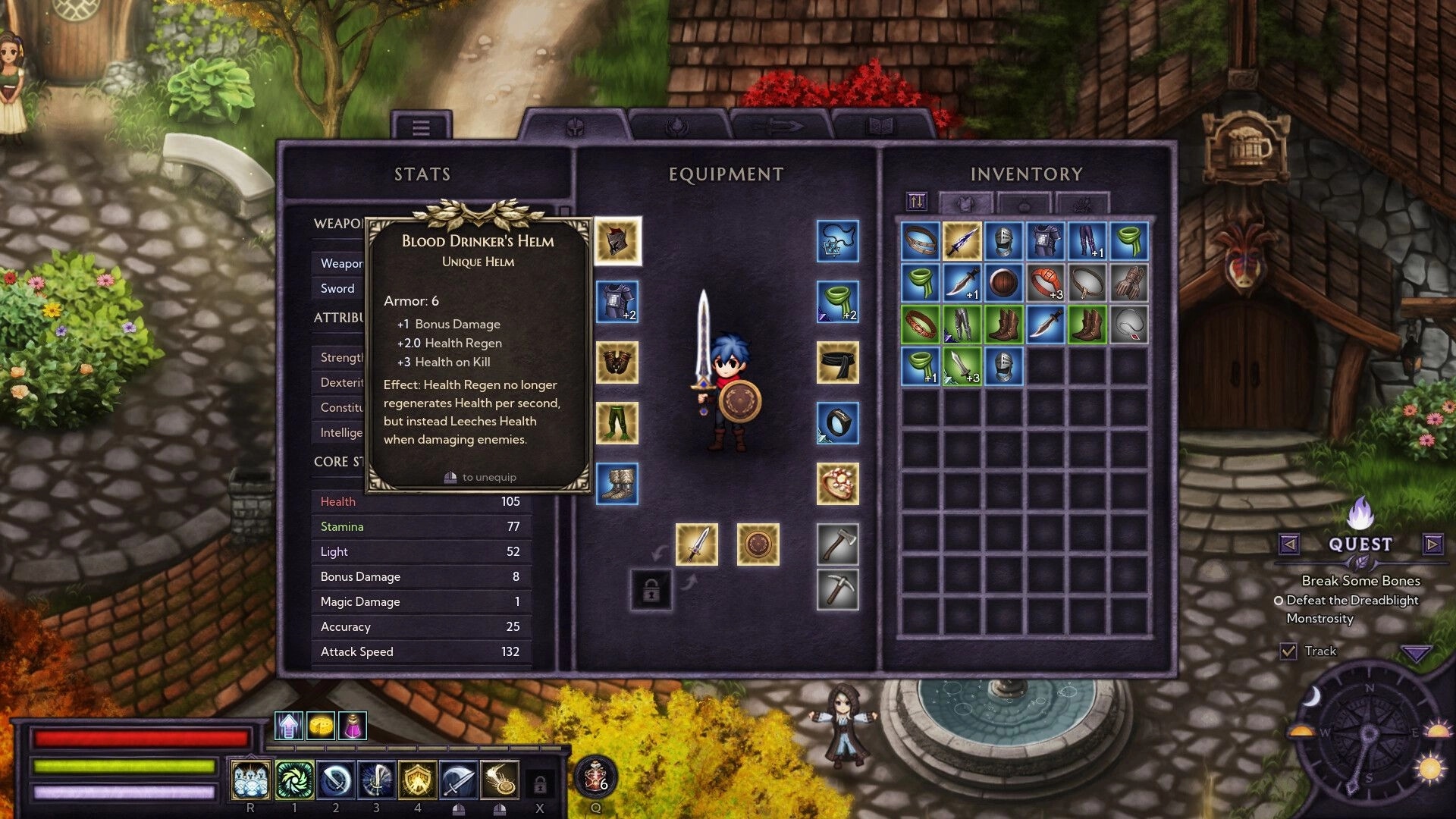 Bleaklight Falls: Inventory management with Meelu in village center, quest list and map displayed
