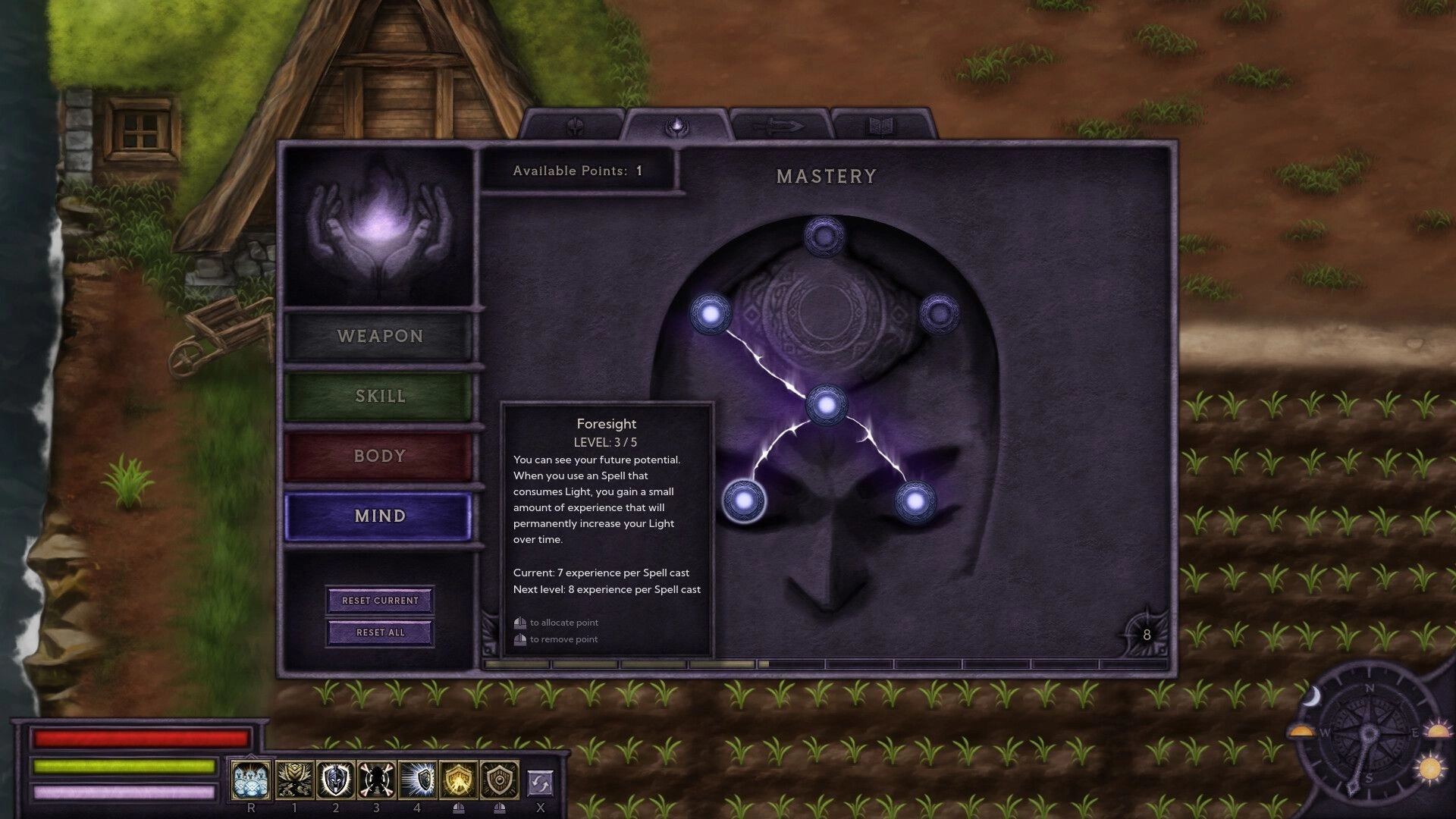 Bleaklight Falls: Mastery skill tree interface with Foresight details beside a village hut and farmland.