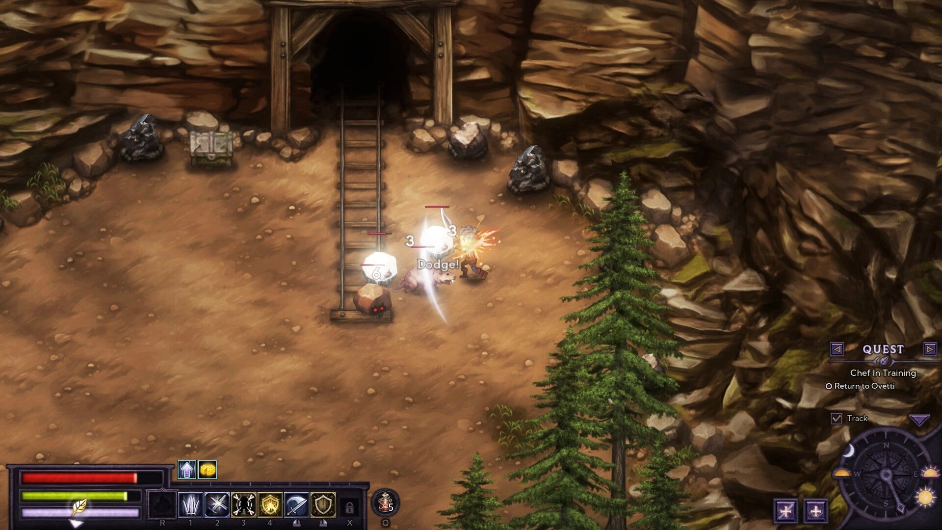 Bleaklight Falls: Meelu dodges enemy attacks near a mine entrance in a forested rocky area.