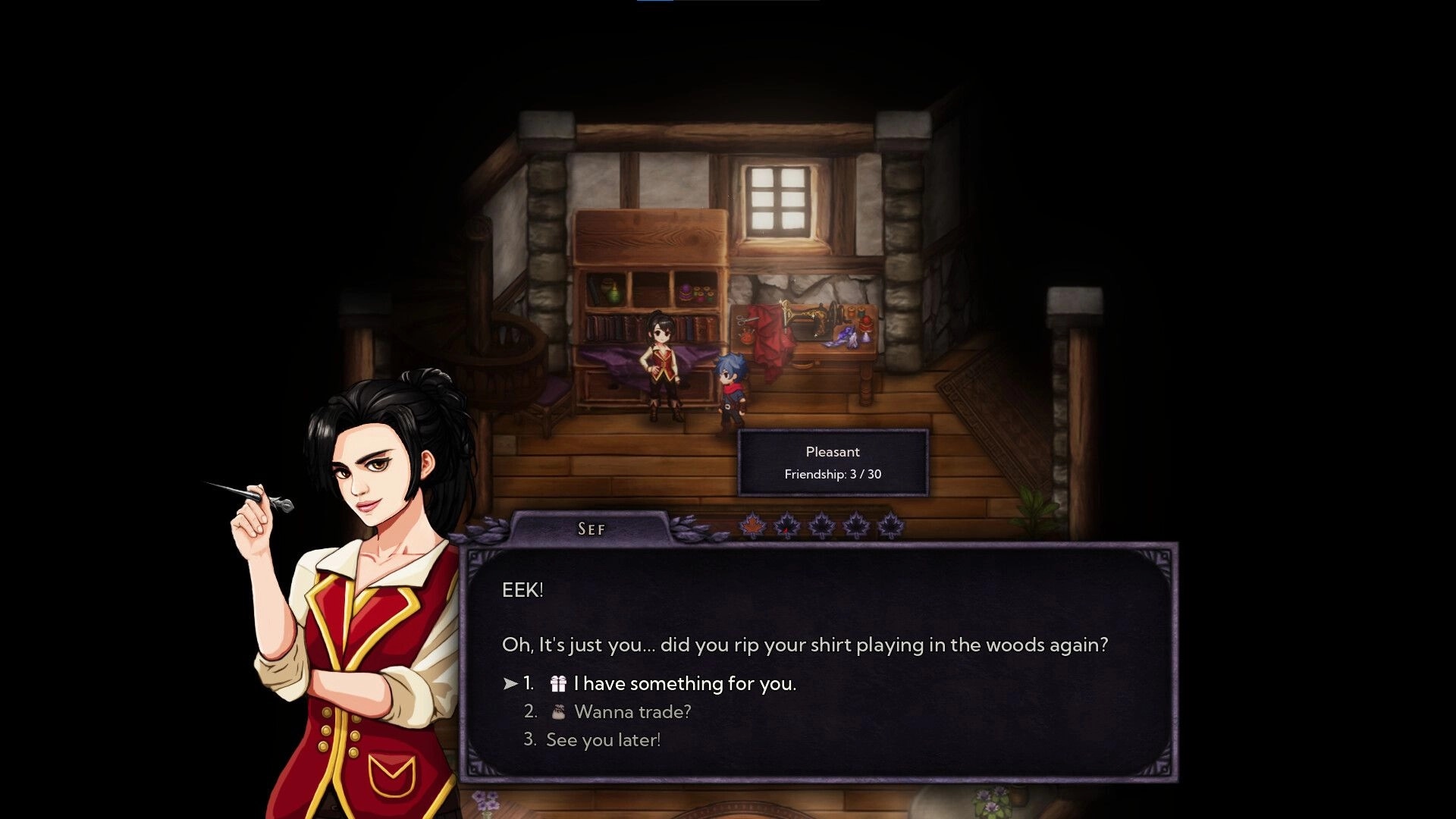 Bleaklight Falls: Meelu converses with Sef in a cozy room, dialogue options and friendship status visible.