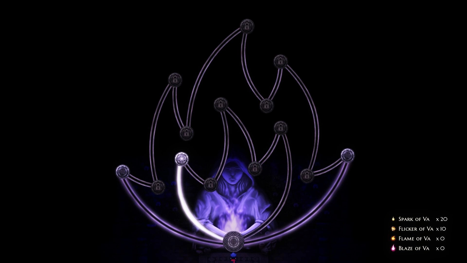 Bleaklight Falls: Skill tree interface with a mystical purple figure and resource indicators on black background