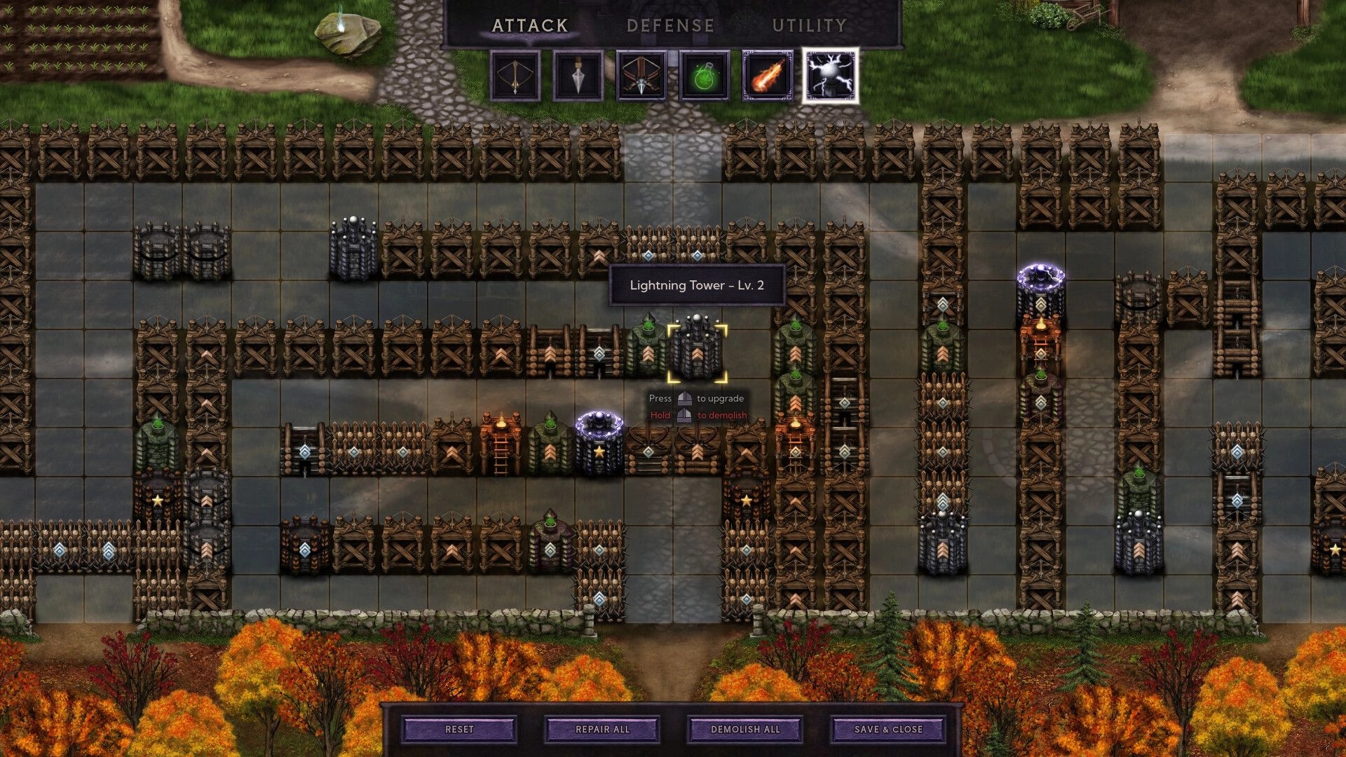 Bleaklight Falls: Strategic tower defense grid with Lightning Tower upgrade in autumn forest setting