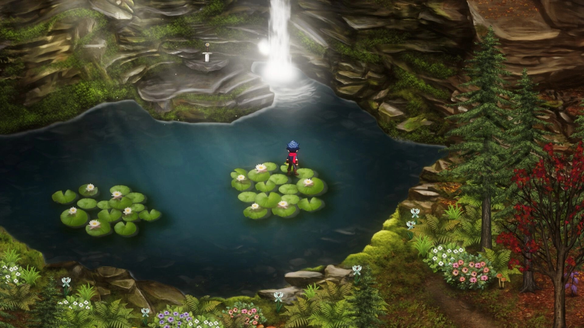 Bleaklight Falls: Meelu stands on lily pads in a tranquil pond near a waterfall in the forest village.