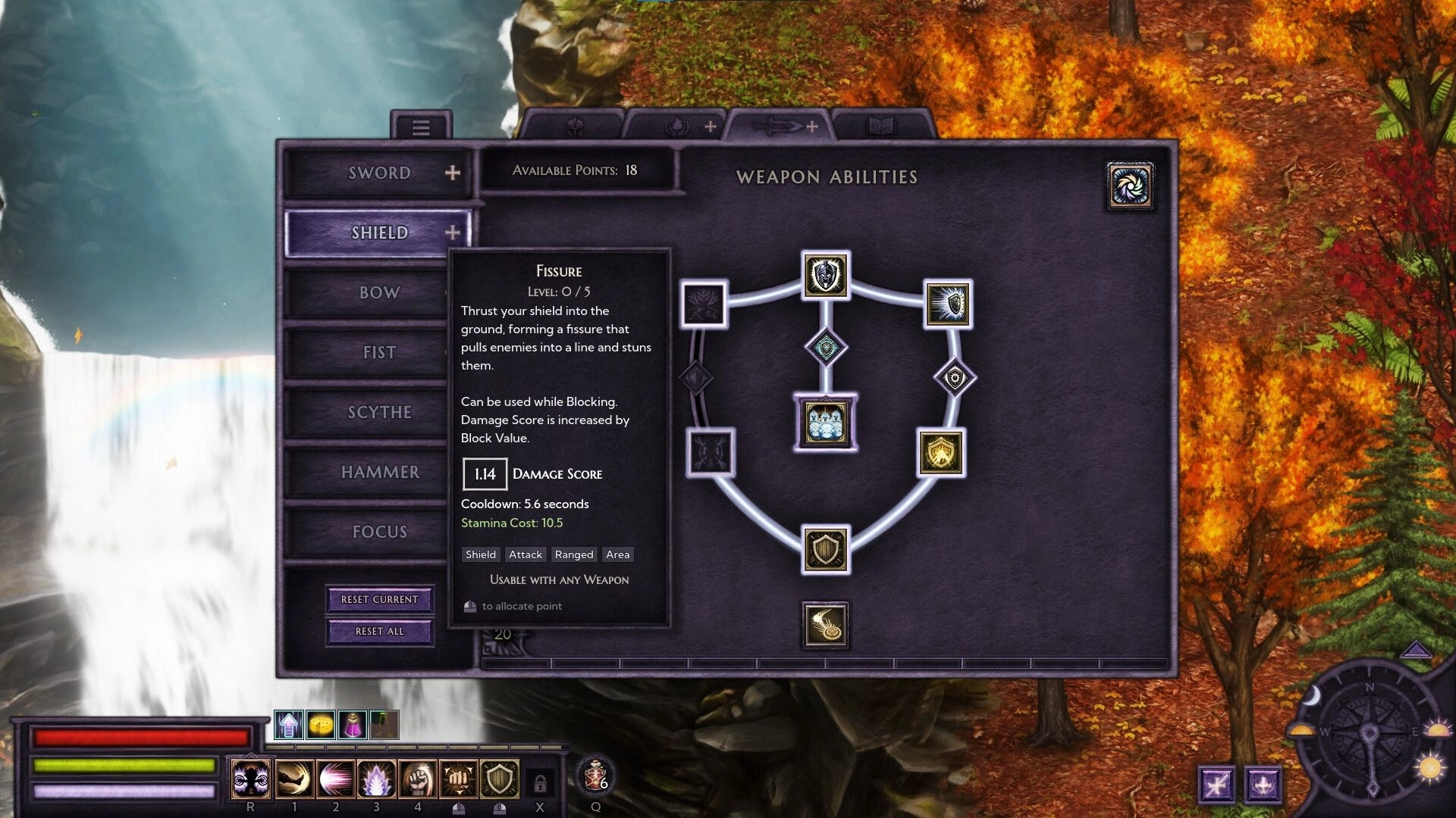 Bleaklight Falls: Weapon abilities screen with shield skill tree in autumn forest setting