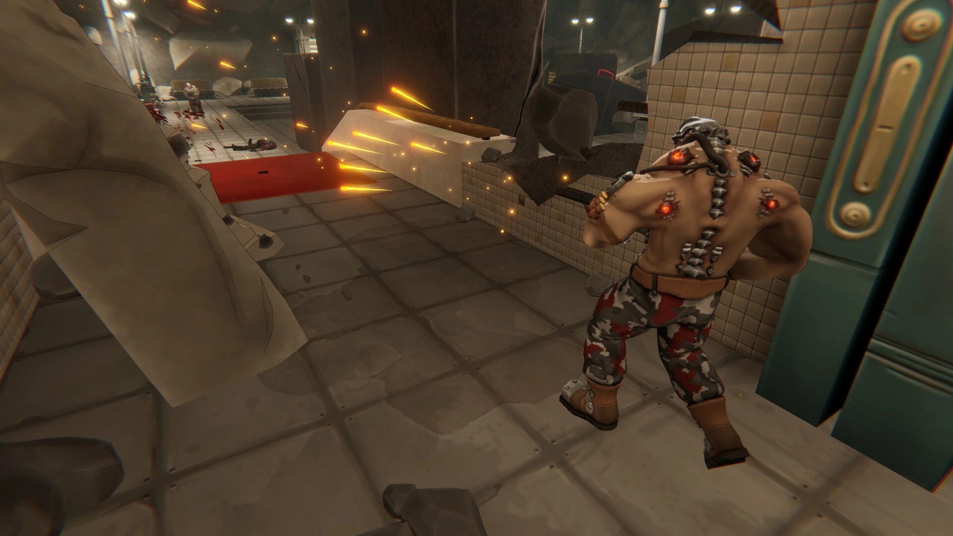 BLEEDING: Armored brute fires down a tiled corridor as debris and sparks burst across a red carpet.