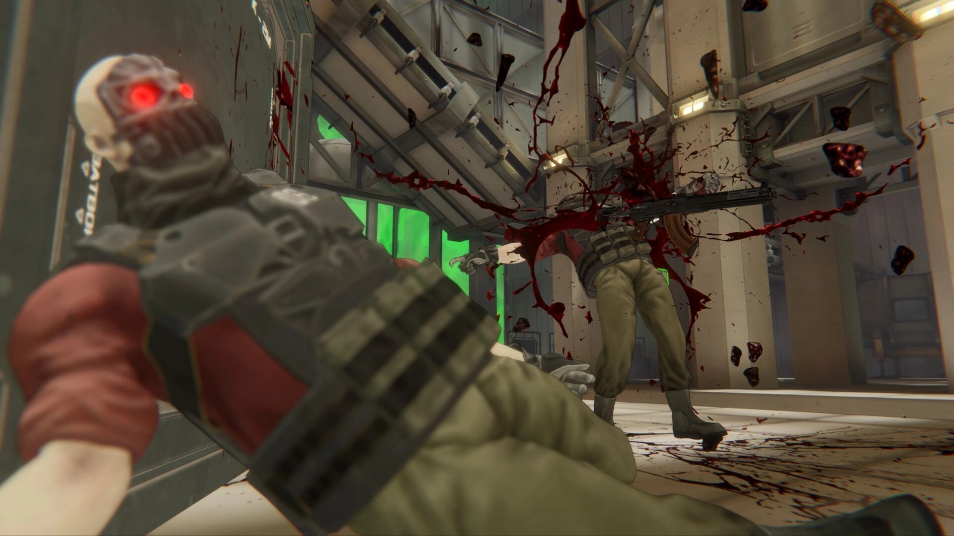 BLEEDING: Bloody firefight aftermath with two masked soldiers down inside a stark industrial corridor.