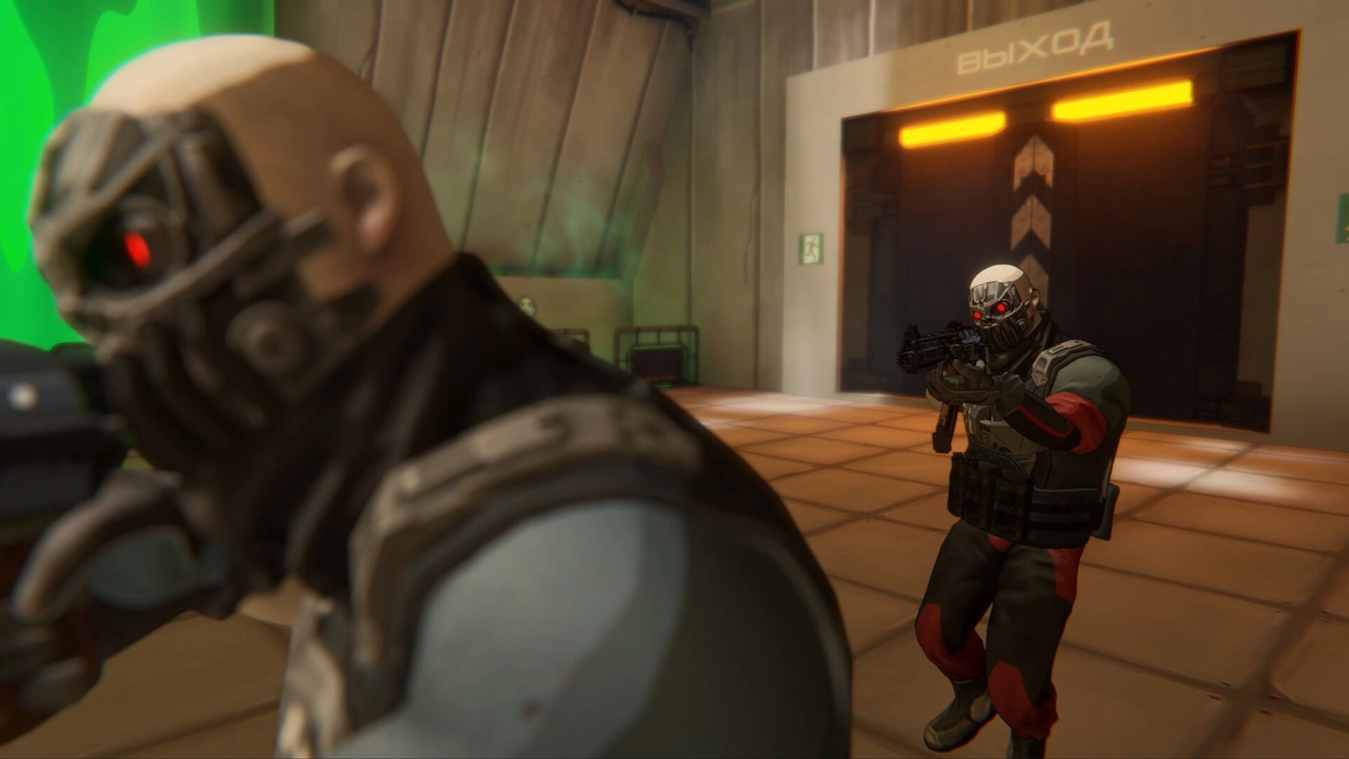 BLEEDING: Masked soldier with red goggles aims rifle in industrial corridor by a lit elevator door.