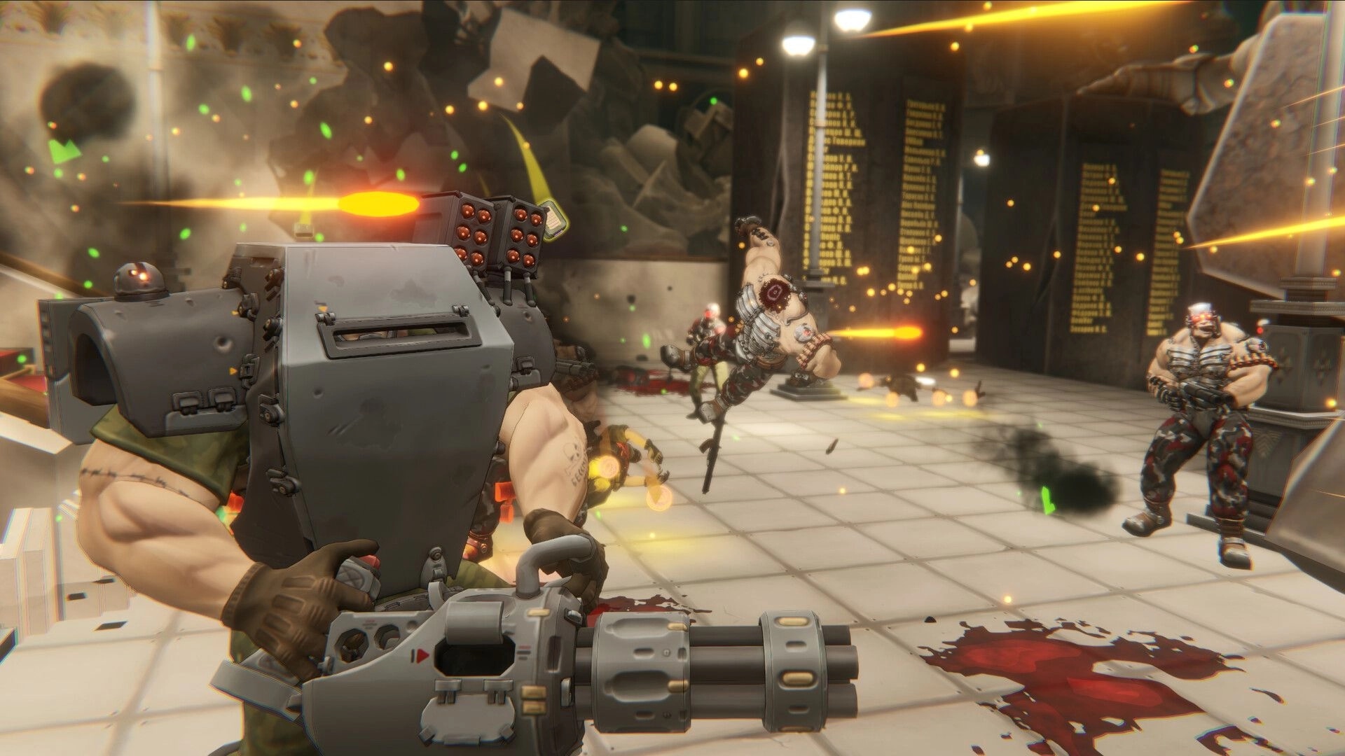 BLEEDING: First-person minigun firefight with armored brutes in a tiled hall, blood and sparks flying.