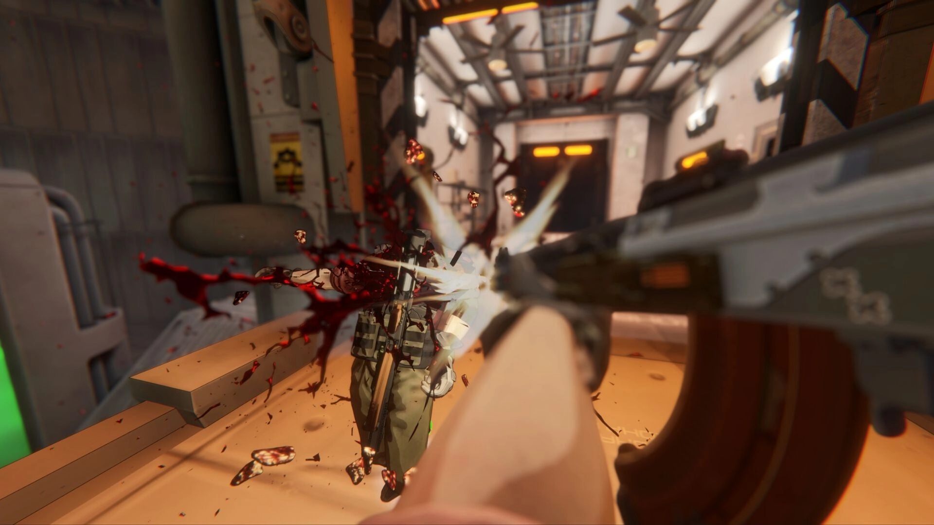 BLEEDING: First-person rifle blast hits a soldier, blood spraying in a tight metal corridor interior.