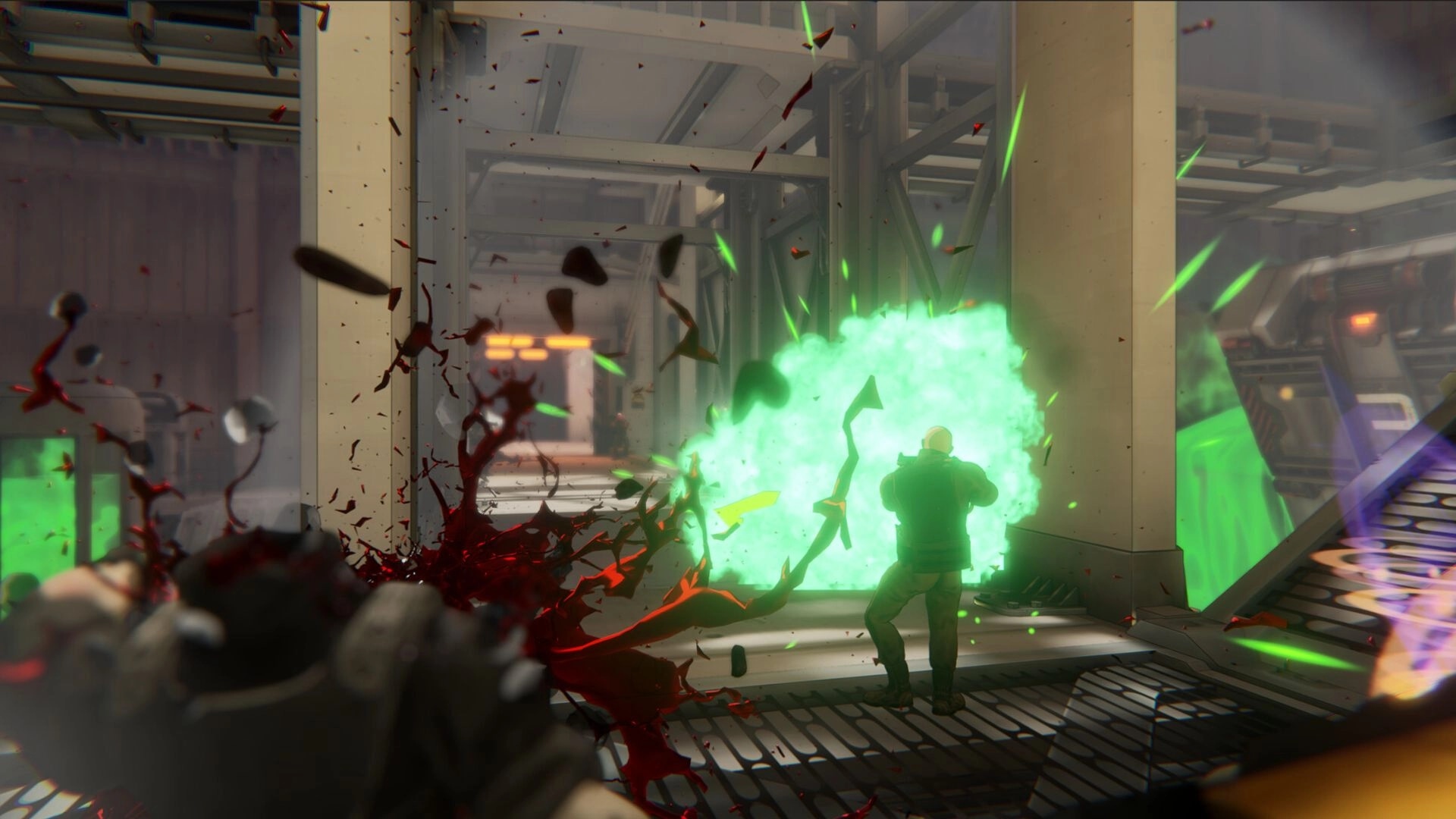 BLEEDING: First-person firefight as a soldier fires into a green blast in an industrial corridor.