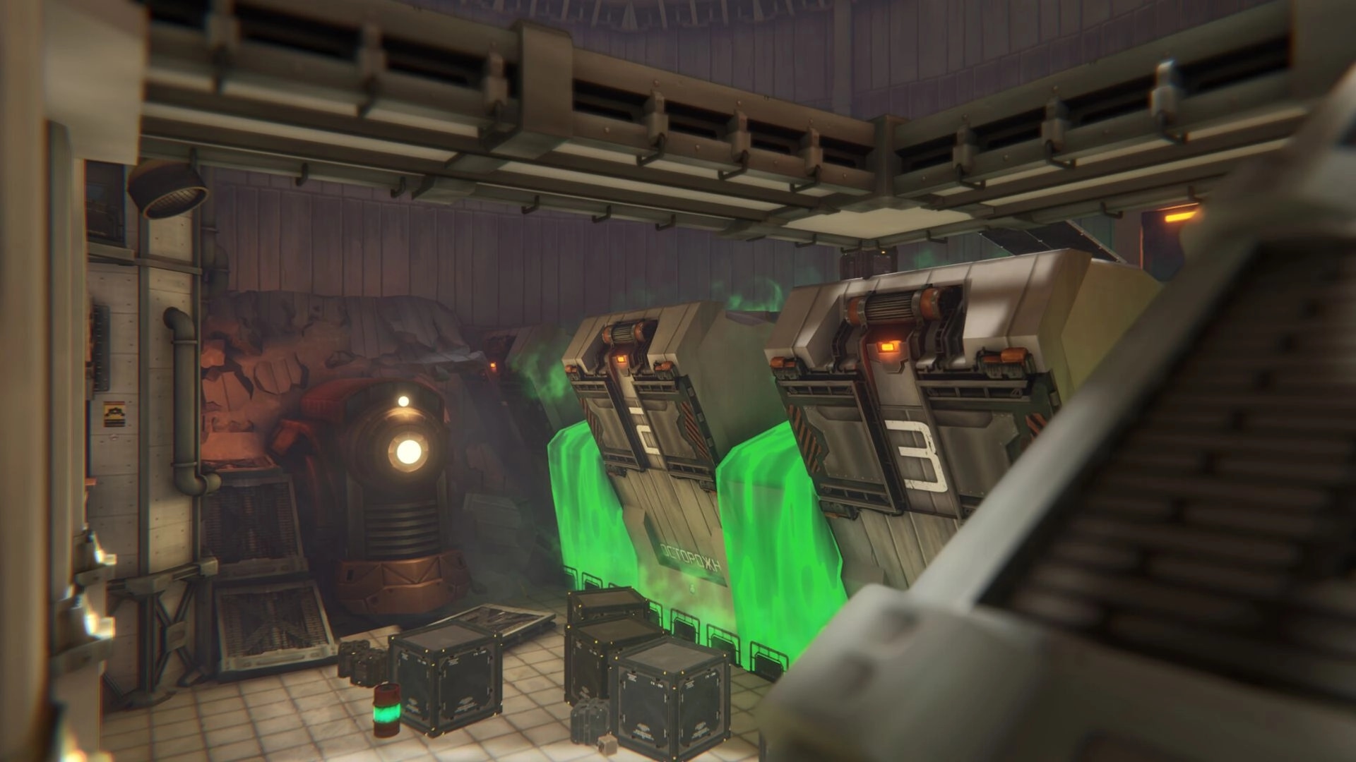 BLEEDING: Industrial room with crates and huge vats leaking glowing green fluid beside a metal door.