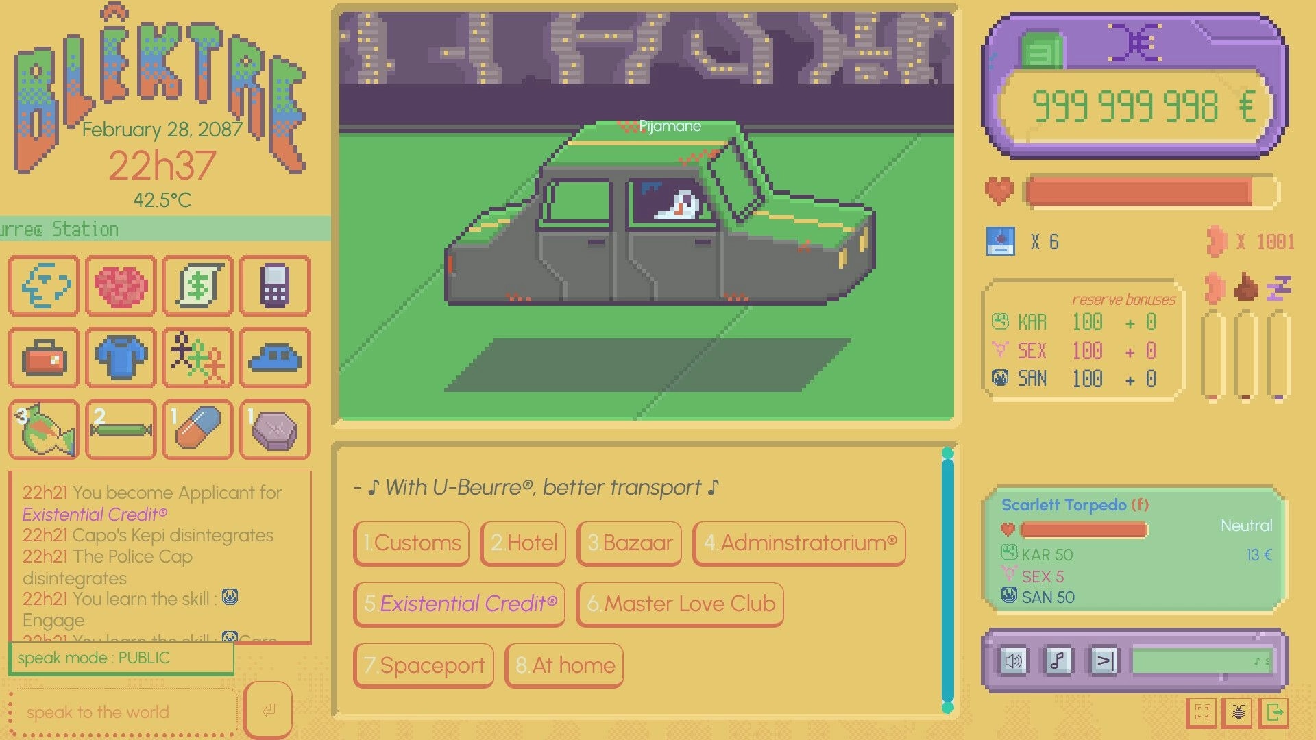 Blêktre 2081: Player in a car named "Pijamane" with inventory and status menu in futuristic city setting