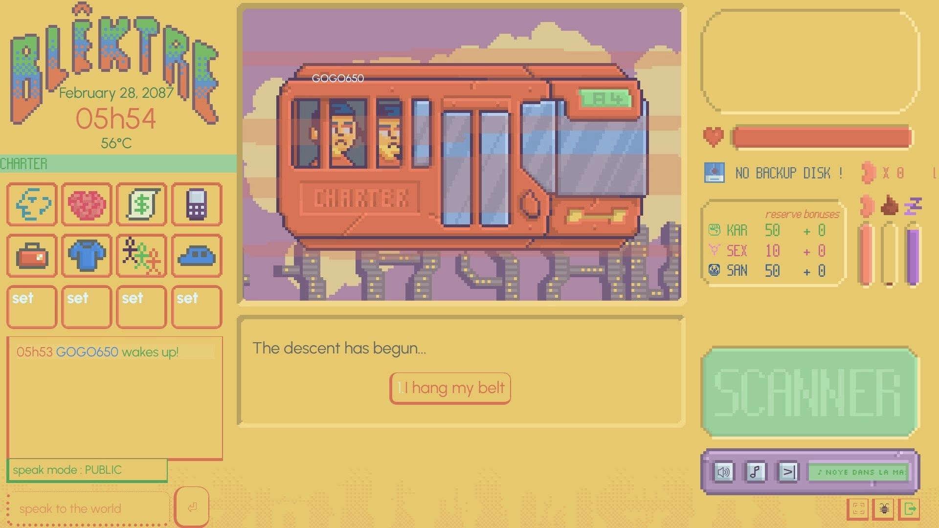 Blêktre 2081: Character GOGO650 in a charter bus above futuristic cityscape with UI stats displayed