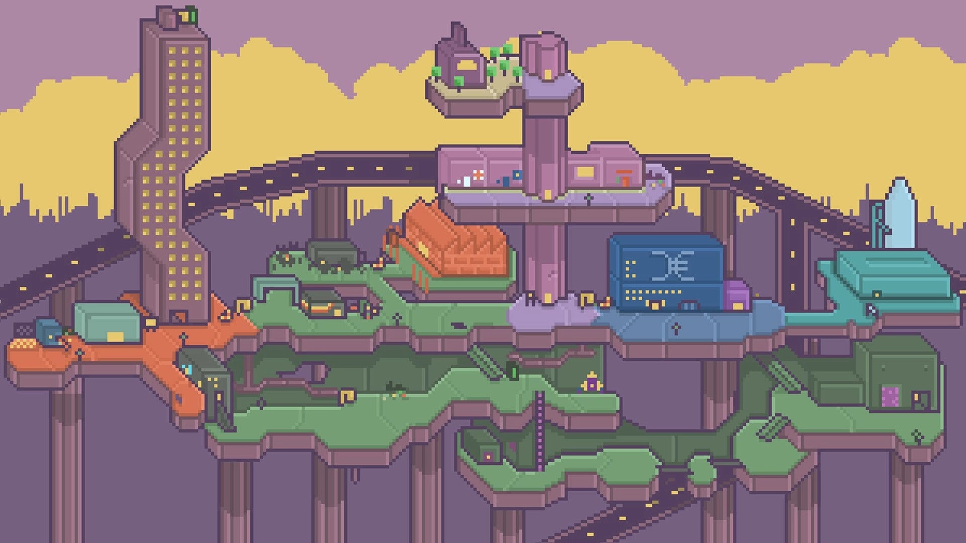 Blêktre 2081: Pixelated cityscape with elevated platforms and various interconnected buildings