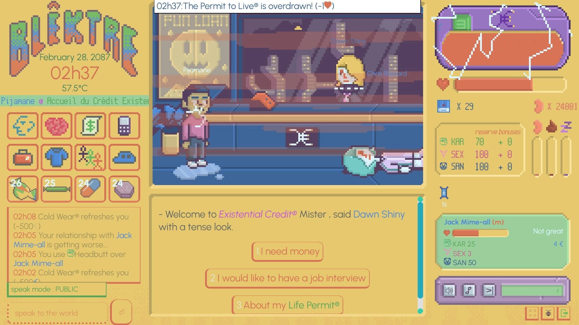 Blêktre 2081: Character Pijamane in credit office, inventory icons and dialog options visible