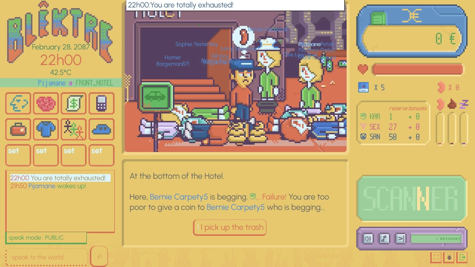Blêktre 2081: Exhausted player at hotel entrance among NPCs, with inventory and stats UI displayed