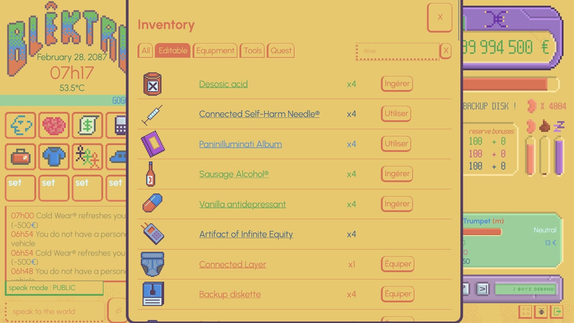 Blêktre 2081: Inventory menu with various items like Desosic acid and Sausage Alcohol, currency shown