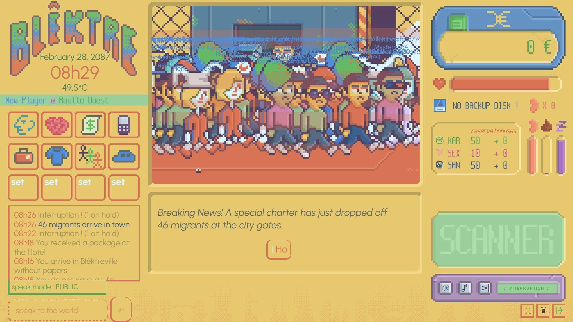Blêktre 2081: Crowd of migrants at city gates with news alert and player stats on colorful interface.