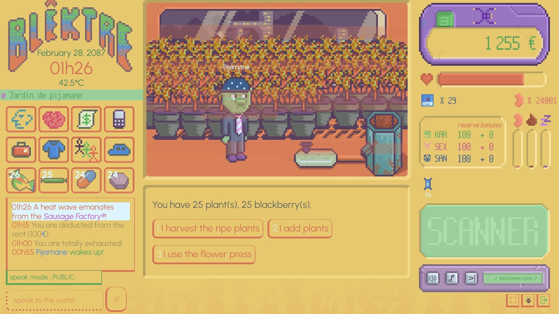 Blêktre 2081: Character Pijamane in indoor garden tending 25 plants with UI displaying stats and options
