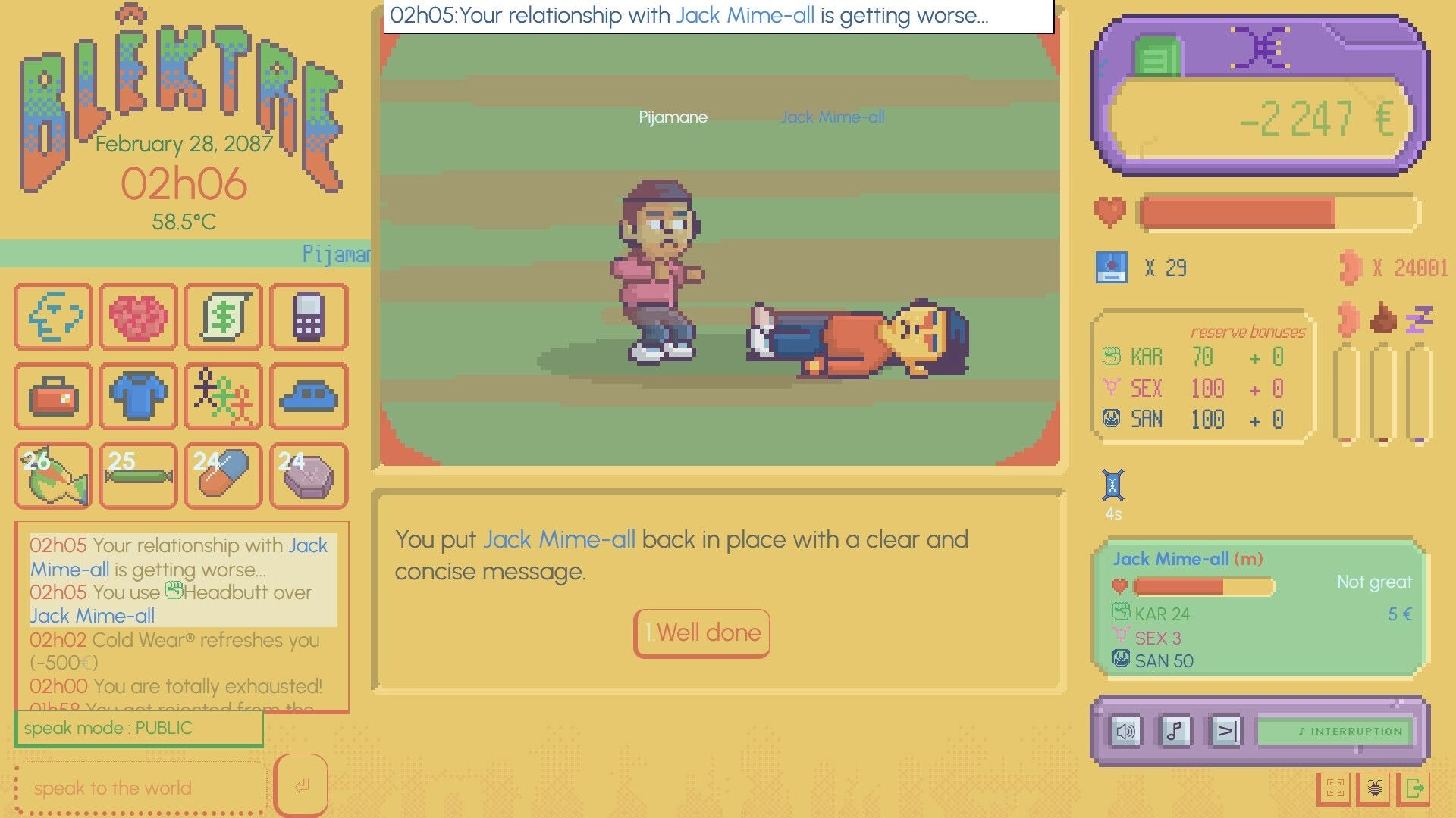 Blêktre 2081: Pijamane stands over Jack Mime-all in a pixelated environment with UI elements displayed.